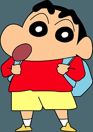 Crayon Shin-chan Anime Character in Red Shirt and Yellow Shorts with Blue Backpack HD phone wallpaper