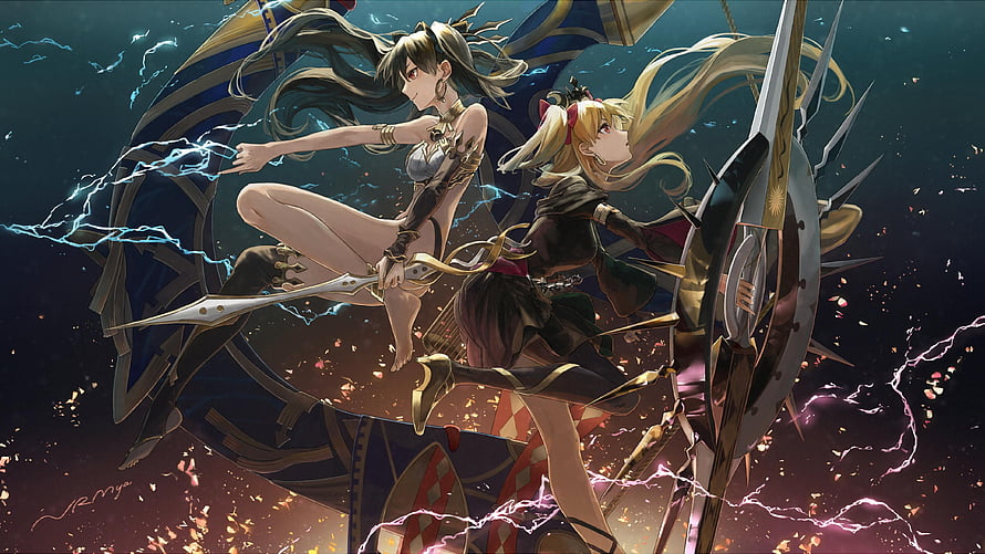 Ishtar and Ereshkigal anime-style fantasy illustration with lightning and ornate shields HD wallpaper