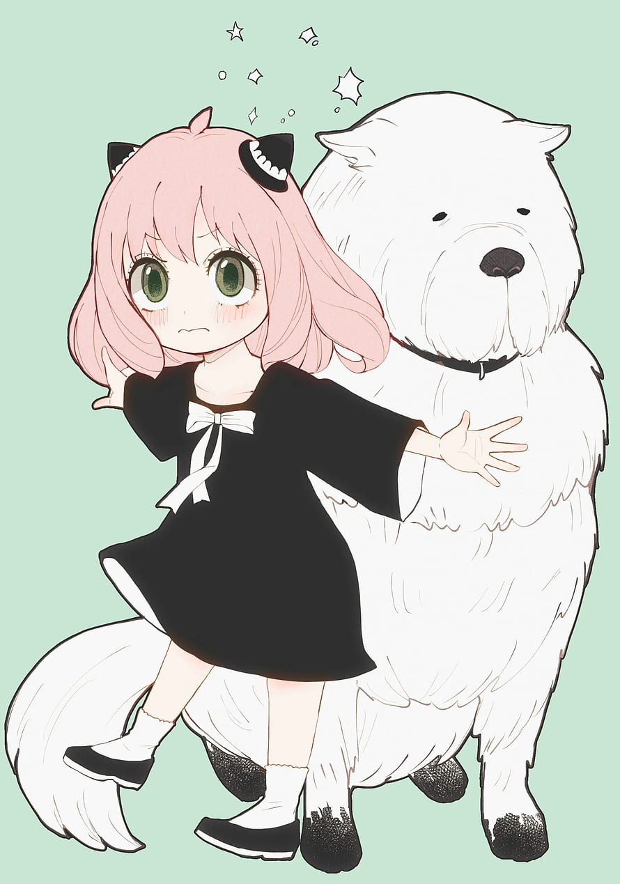 Anime Girl With Pink Hair And Black Dress Standing Next To Fluffy White Dog HD phone wallpaper