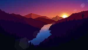 Low Poly Mountain Landscape With River And Sunset HD wallpaper