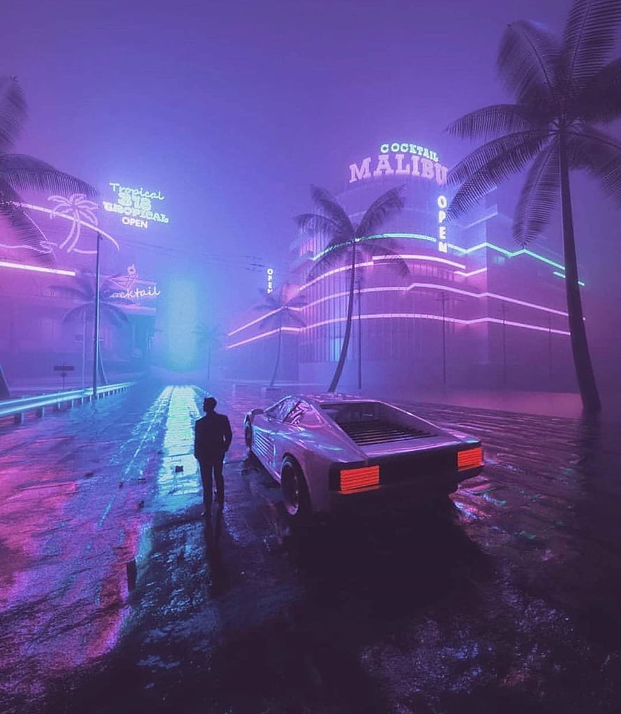 Neon-lit Vice City street scene with retro sports car and palm trees in synthwave style HD phone wallpaper