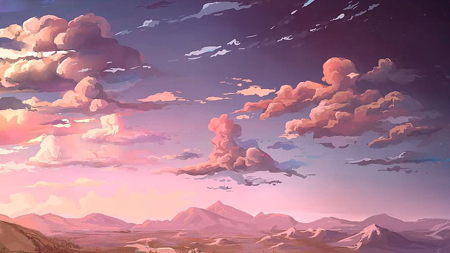 Anime Style Sunset Landscape With Pink Clouds And Mountains HD wallpaper