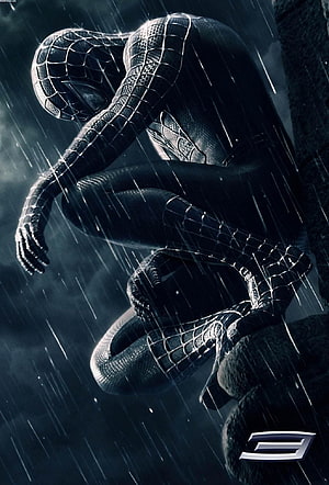 Black Spider-Man Crouching in Heavy Rain on a Rooftop Edge, Black Spiderman, spider man 3 mobile HD phone wallpaper
