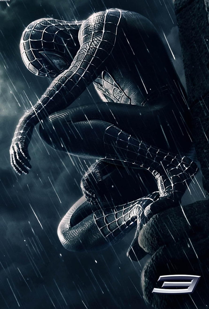 Black Spider-Man Crouching in Heavy Rain on a Rooftop Edge, Black Spiderman, spider man 3 mobile HD phone wallpaper