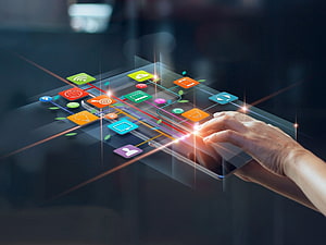 Hand Interacting With Holographic Digital Interface Featuring Connected App Icons HD wallpaper