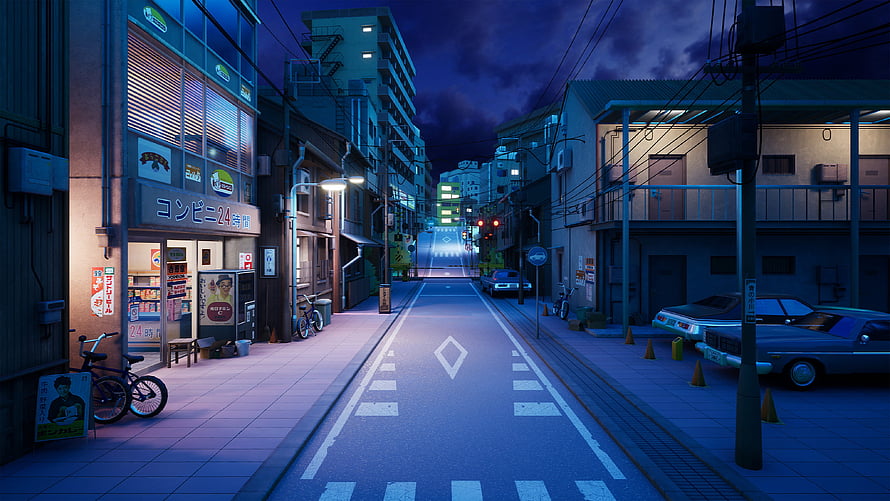 Lo-fi Anime Style Japanese Street Scene at Night with Neon Lights and Convenience Store HD wallpaper