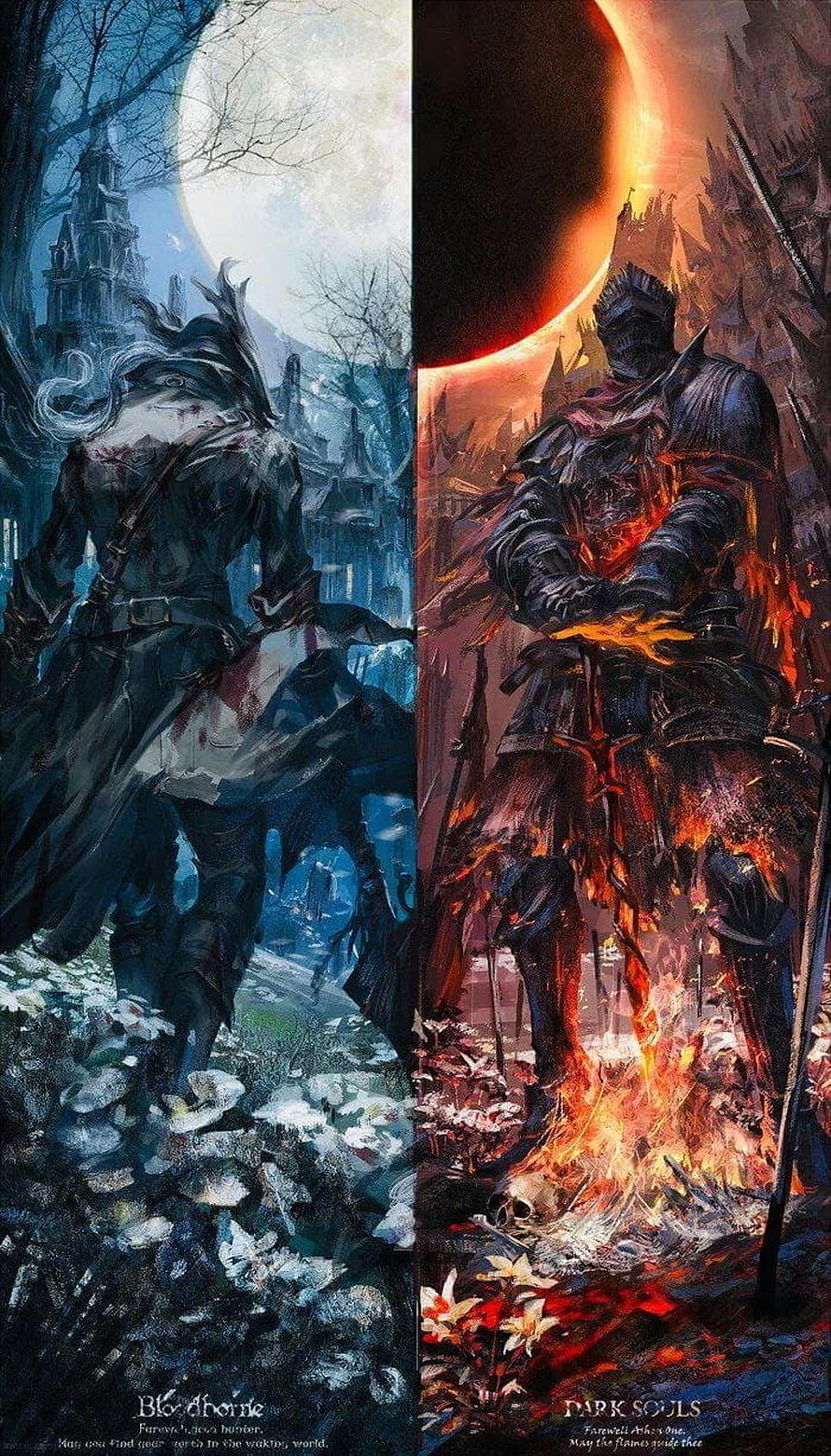 Bloodborne and Dark Souls split art featuring hunters and knights in gothic fantasy settings HD phone wallpaper