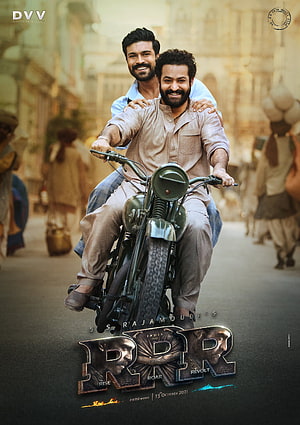 RRR Movie Poster Featuring Two Men Riding a Vintage Motorcycle Through a Bustling Street HD phone wallpaper