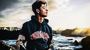 Danish Zehen in a dark hoodie with tiger sleeve graphics standing on a rocky coastline at sunset HD wallpaper