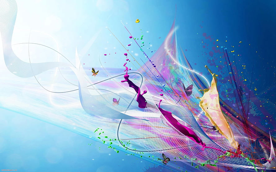 Vibrant Abstract Digital Art with Colorful Paint Splashes and Flowing Ribbons HD wallpaper