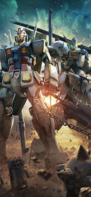 Gundam Versus Mecha Battle Artwork with Chain Weapon and Explosive Battlefield Debris HD phone wallpaper