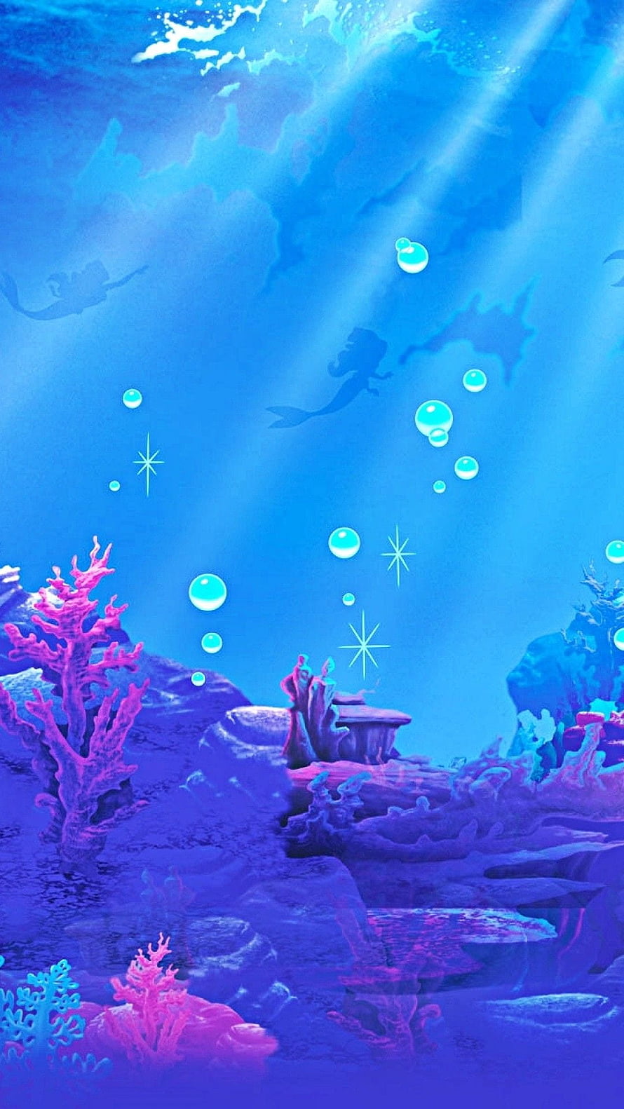 Magical Underwater Ocean Scene With Mermaid Silhouette And Glowing Coral Reef HD phone wallpaper