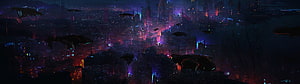 Futuristic Cyberpunk Cityscape with Flying Vehicles and Neon Lights HD wallpaper