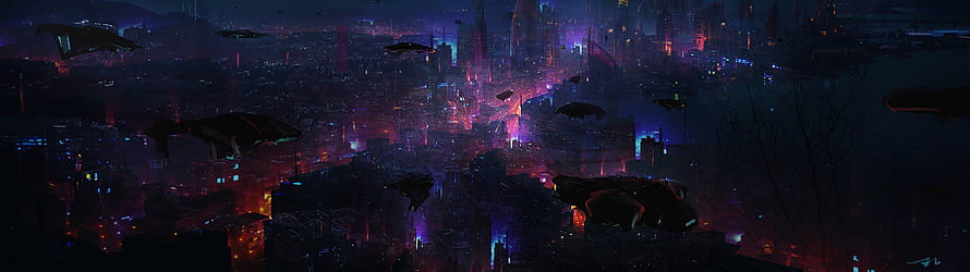 Futuristic Cyberpunk Cityscape with Flying Vehicles and Neon Lights HD wallpaper