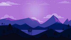 Minimalist Purple Mountain Landscape with Starry Night Sky and Silhouetted Pine Trees HD wallpaper