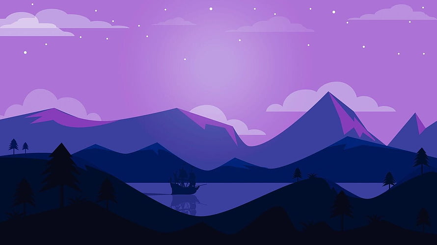 Minimalist Purple Mountain Landscape with Starry Night Sky and Silhouetted Pine Trees HD wallpaper