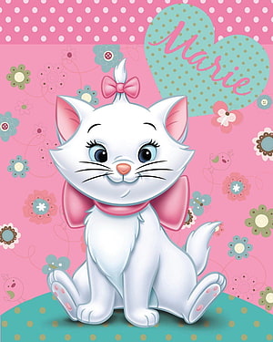 Marie the White Kitten from The Aristocats with Pink Bow on Floral Background HD phone wallpaper