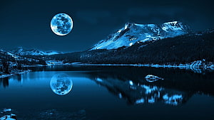 Serene Night Landscape With Giant Blue Moon Reflecting In Mountain Lake HD wallpaper