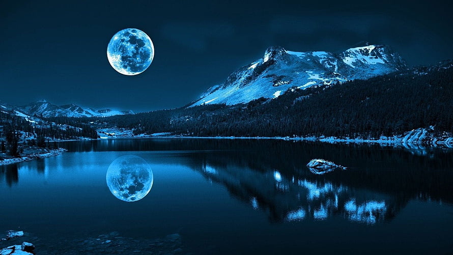 Serene Night Landscape With Giant Blue Moon Reflecting In Mountain Lake HD wallpaper
