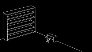 Minimalist White Line Art of an Empty Office Room with Bookshelf and Desk HD wallpaper