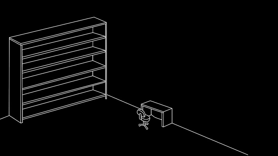 Minimalist White Line Art of an Empty Office Room with Bookshelf and Desk HD wallpaper