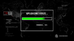 Digital Hacker Interface with Virus Upload Progress and Global Network Map HD wallpaper