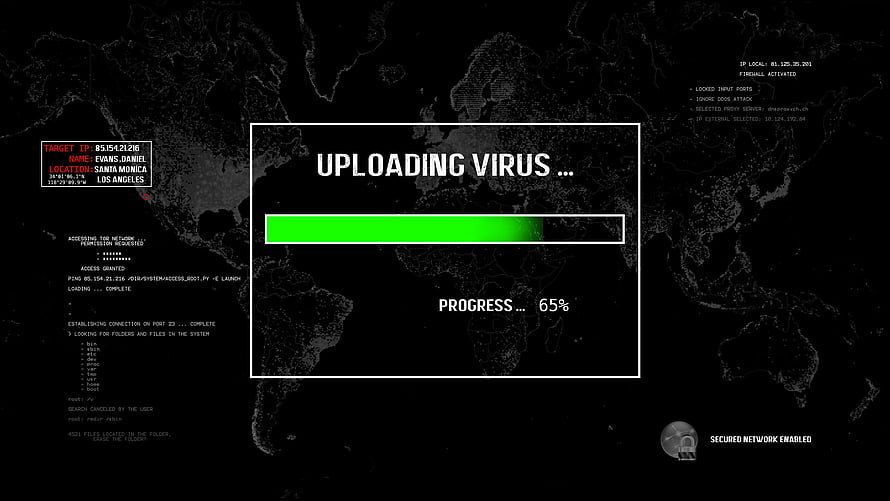 Digital Hacker Interface with Virus Upload Progress and Global Network Map HD wallpaper