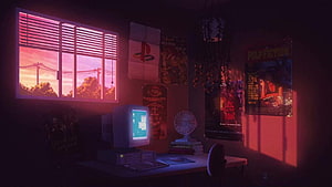 Retro 90s Bedroom Interior with CRT Monitor and Neon Sunset Glow HD wallpaper