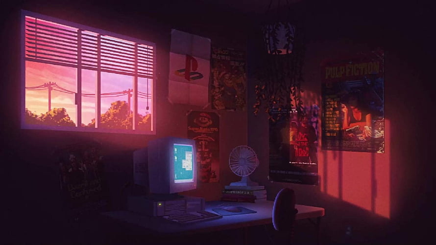 Retro 90s Bedroom Interior with CRT Monitor and Neon Sunset Glow HD wallpaper