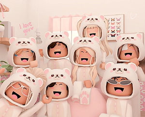 Group of Roblox Avatars Wearing Cute White Bear Hoodies in a Pastel Room HD wallpaper