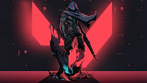 Cyberpunk Assassin Character Concept Art with Glowing Blue Accents and Red Background HD wallpaper