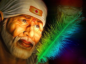 Sai Baba Portrait with Turban and Peacock Feather HD wallpaper