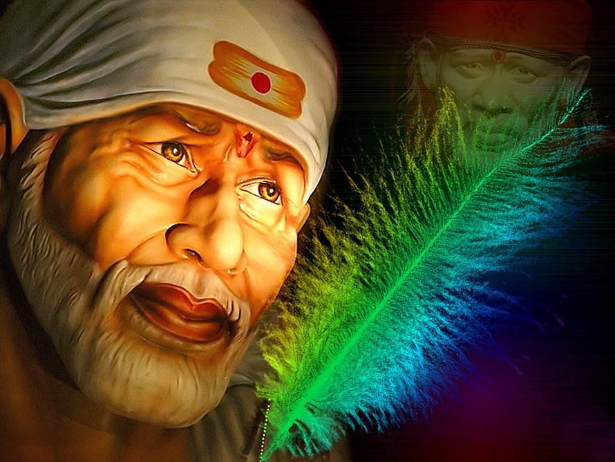 Sai Baba Portrait with Turban and Peacock Feather HD wallpaper