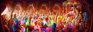 Vibrant Indian Royal Court Scene With King On Throne And Colorful Turbans HD wallpaper