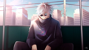 Gojo Satoru from Jujutsu Kaisen Sitting on a Train with City View HD wallpaper