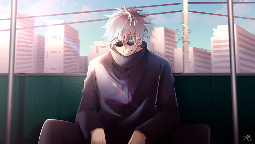 Gojo Satoru from Jujutsu Kaisen Sitting on a Train with City View HD wallpaper