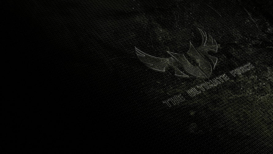 Asus TUF Gaming Logo on Dark Textured Background with The Ultimate Force Tagline HD wallpaper