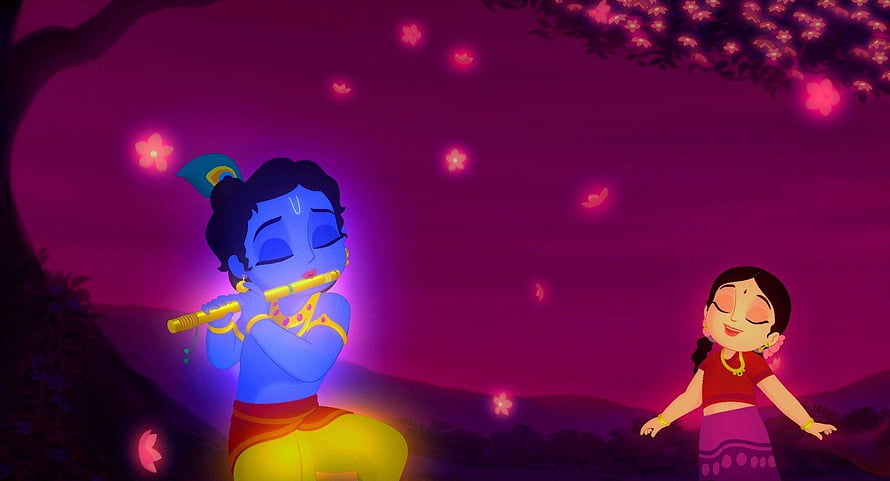 Krishna Playing Flute With Radha Under Blossoming Tree in Vibrant Animated Style HD wallpaper