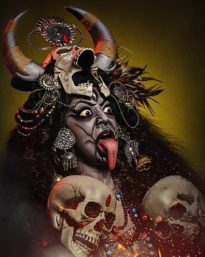 Fierce Kali Goddess Portrait with Skulls, Horns, and Praying Beads HD phone wallpaper