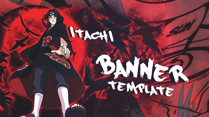 Itachi Uchiha in Akatsuki Cloak with Crows and Red Moon Anime Illustration HD wallpaper
