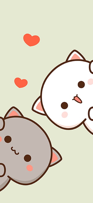 Peach and Goma Cute Cartoon Cats with Floating Hearts on Pastel Background HD phone wallpaper