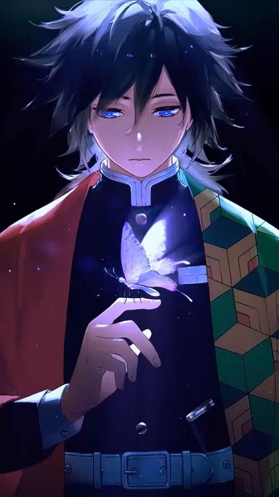 Giyu Tomioka from Demon Slayer holding a glowing butterfly in a dark anime style HD phone wallpaper
