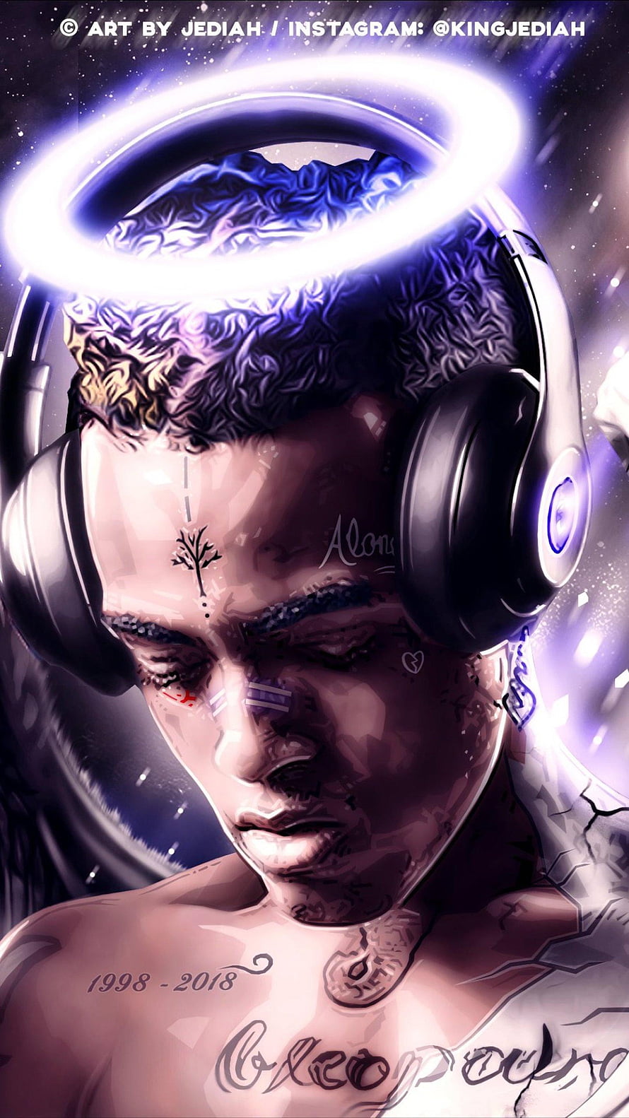 XXXTentacion Digital Art Portrait with Halo and Headphones HD phone wallpaper