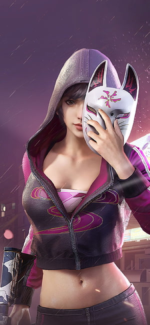 PUBG Mobile Female Character in Hooded Jacket Holding White Fox Mask HD phone wallpaper