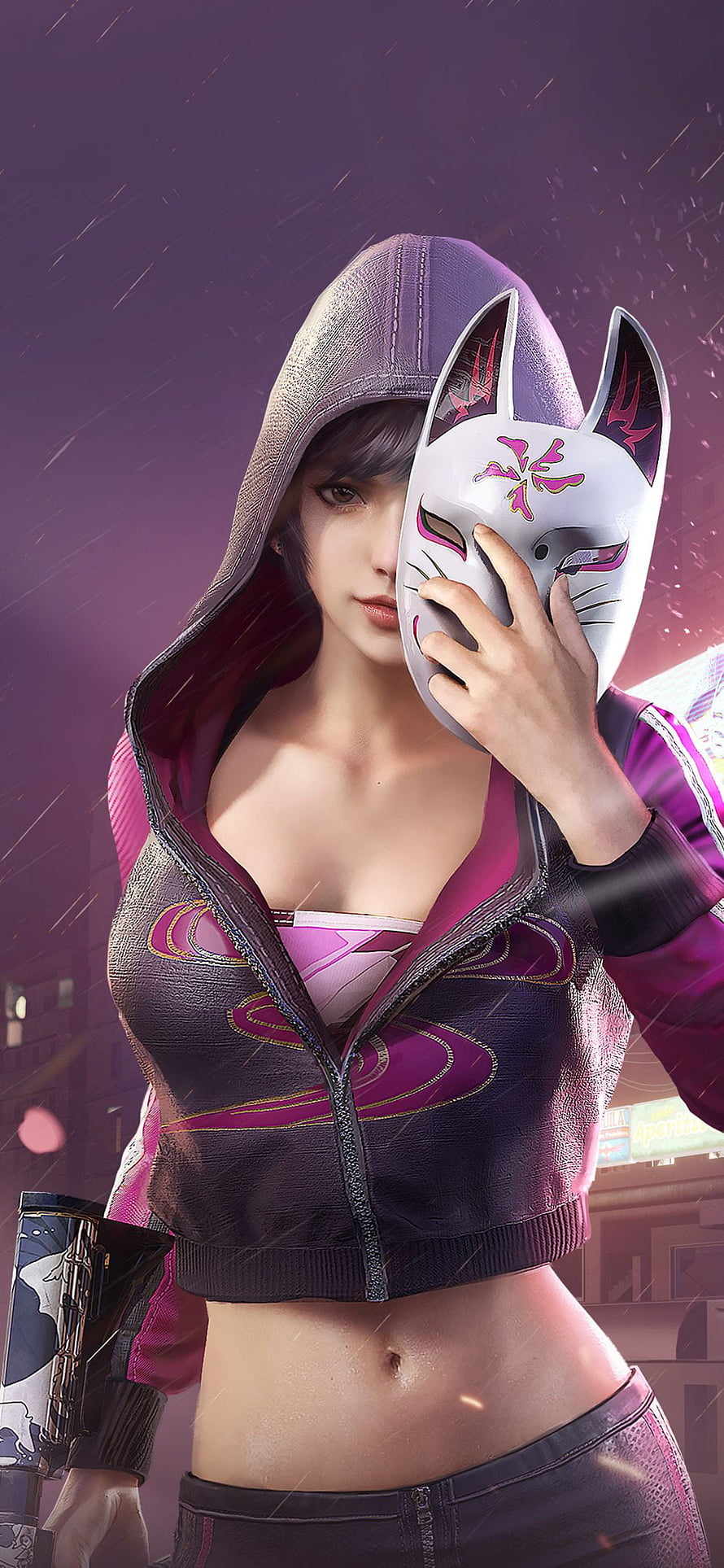 PUBG Mobile Female Character in Hooded Jacket Holding White Fox Mask HD phone wallpaper