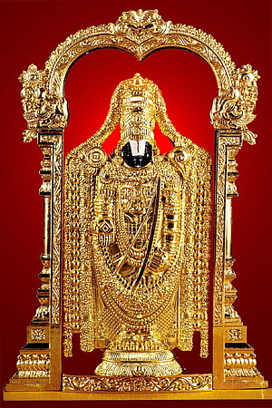 Golden Lord Venkateswara Balaji Statue with Ornate Arch and Red Background HD phone wallpaper