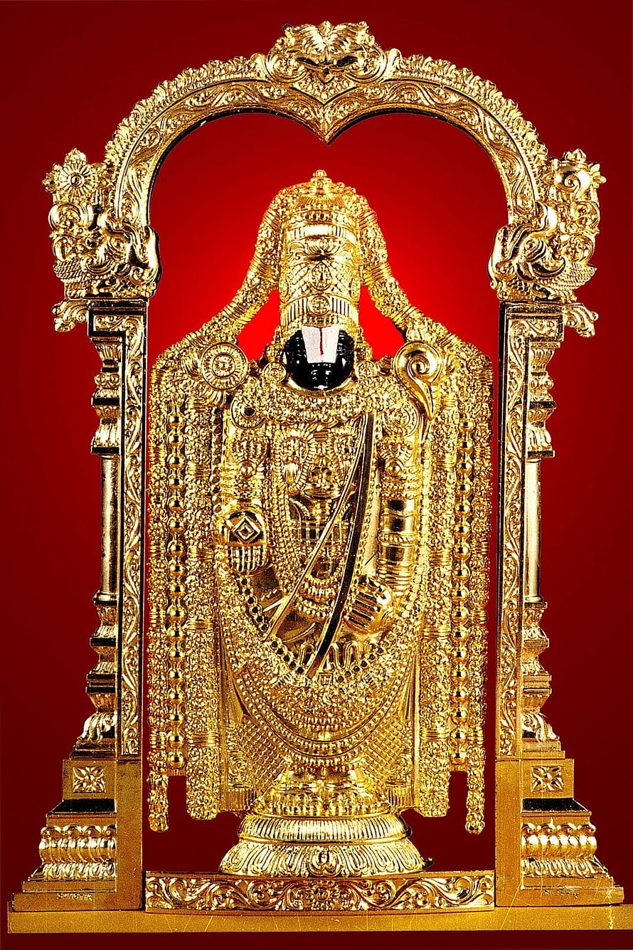 Golden Lord Venkateswara Balaji Statue with Ornate Arch and Red Background HD phone wallpaper