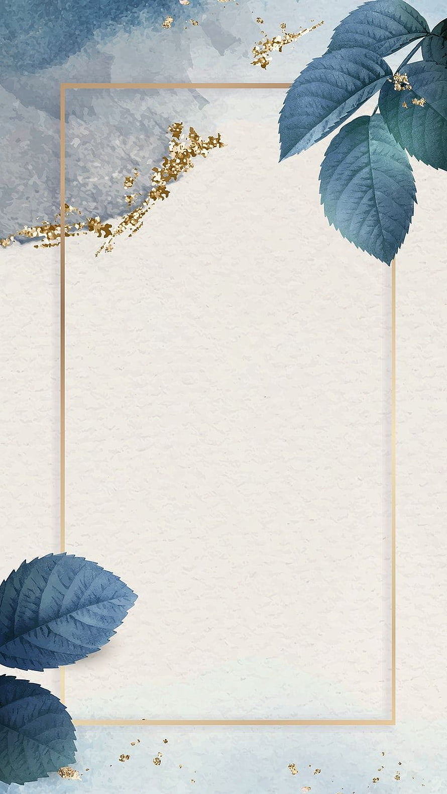Elegant Blue Watercolor Leaves with Gold Frame and Sparkles on Textured Background HD phone wallpaper