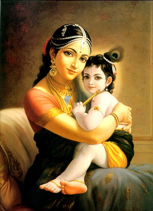 Yashoda and Baby Krishna Holding Flute and Peacock Feather Portrait HD phone wallpaper