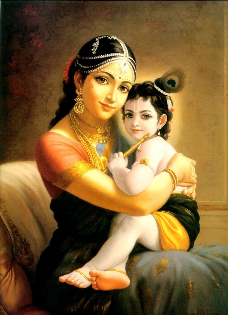 Yashoda and Baby Krishna Holding Flute and Peacock Feather Portrait HD phone wallpaper
